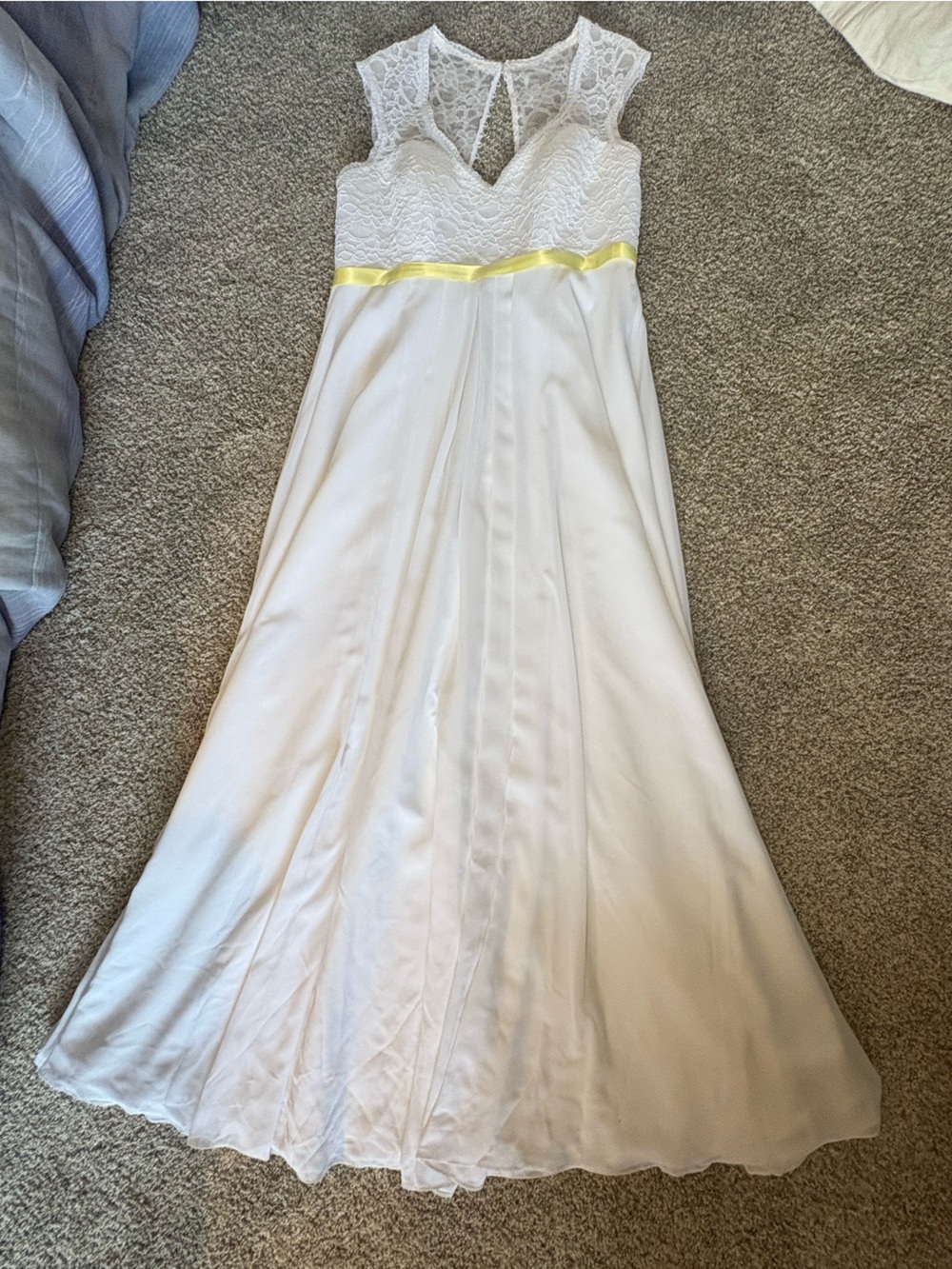 Custom Made Elegant White Form Gown - Wedding Dress with Yellow Waist Accent